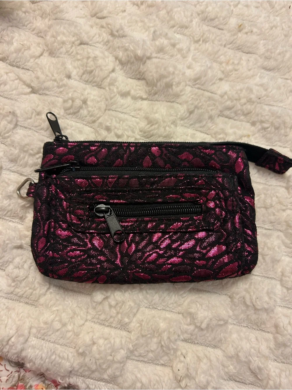 Metallic Magenta & Black Brocade Zip Coin Purse Wallet Pouch